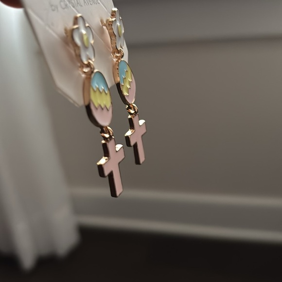 Juliet floral post drop, painted colorful Easter eggs with pink cross earrings - Picture 3 of 4